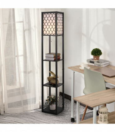 Floor Lamp 4-tier Open Shelves Wooden, 26L x 26W x 160Hcm-Black/White