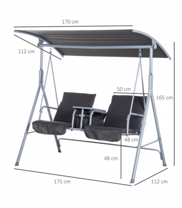 Steel Frame 2-Seater  Swing Chair w/ Table Grey