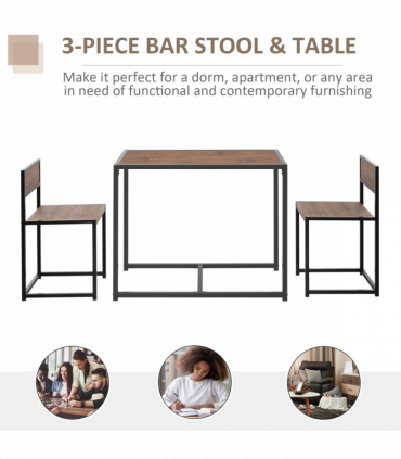 Bar Stool and Table Set Steel Frame MDF 2-Seater Wood Tone Rustic Brown