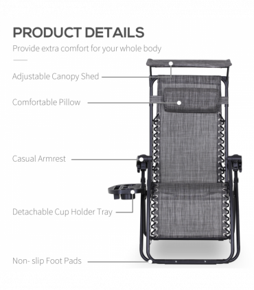 Steel Frame Zero Gravity Outdoor Chair Grey 90cm x 67cm x 110cm Canopy