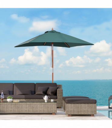 Wooden Patio Umbrella Market Parasol Outdoor Sunshade 6 Ribs Brown Green