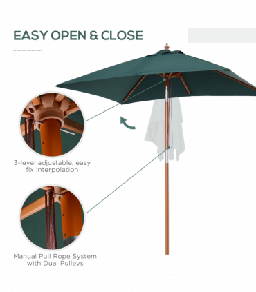 Wooden Patio Umbrella Market Parasol Outdoor Sunshade 6 Ribs Brown Green