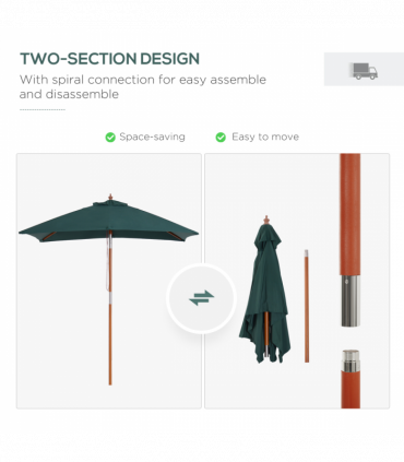 Wooden Patio Umbrella Market Parasol Outdoor Sunshade 6 Ribs Brown Green