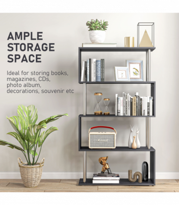 Wooden S Shape Storage Unit Bookshelf Lounge Display Room Divider-Black