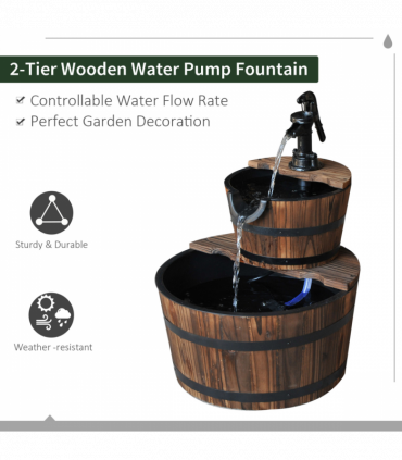 Wooden Water Pump Fountain, 2 Tier-Fir Wood/Steel