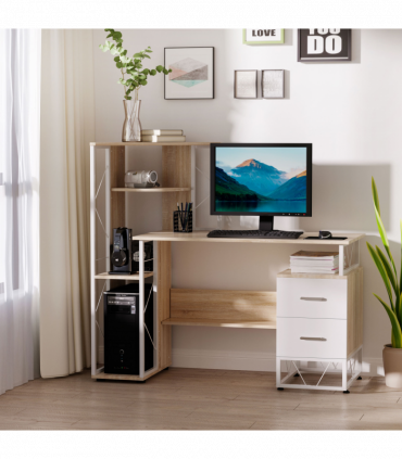 Workstation Computer Writing Desk W/2 Drawers Multi-Shelves-Oak/White
