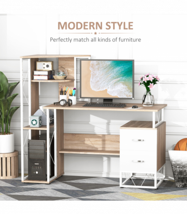 Workstation Computer Writing Desk W/2 Drawers Multi-Shelves-Oak/White