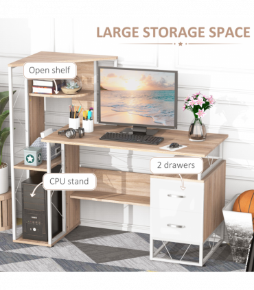 Workstation Computer Writing Desk W/2 Drawers Multi-Shelves-Oak/White