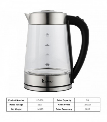 【Old Code：42128382】ZOKOP HD-250 220V 2000W 2L Blue Glass Electric Kettle