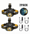 (2 Pack) USB Rechargeable LED Headlamp 3 Modes Head Torch Zoomable Headlight+Car Charger+USB Cable
