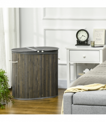 100L Bamboo Laundry Basket w/ 2 Compartments Washing Baskets Grey HOMCOM