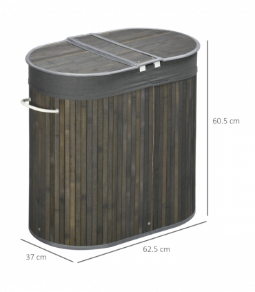 100L Bamboo Laundry Basket w/ 2 Compartments Washing Baskets Grey HOMCOM