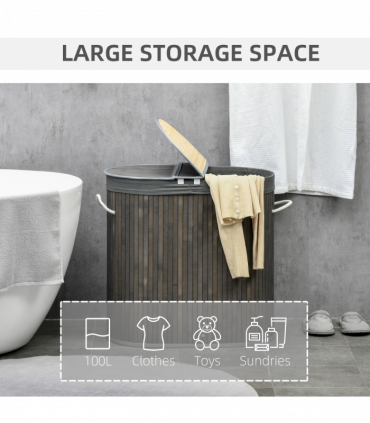 100L Bamboo Laundry Basket w/ 2 Compartments Washing Baskets Grey HOMCOM