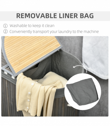 100L Bamboo Laundry Basket w/ 2 Compartments Washing Baskets Grey HOMCOM