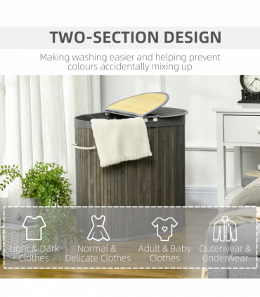 100L Bamboo Laundry Basket w/ 2 Compartments Washing Baskets Grey HOMCOM