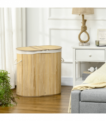 100L Bamboo Laundry Basket w/ 2 Compartments Washing Baskets Natural HOMCOM