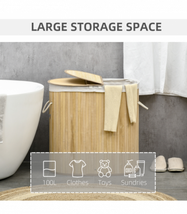 100L Bamboo Laundry Basket w/ 2 Compartments Washing Baskets Natural HOMCOM