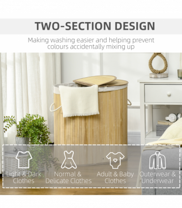100L Bamboo Laundry Basket w/ 2 Compartments Washing Baskets Natural HOMCOM