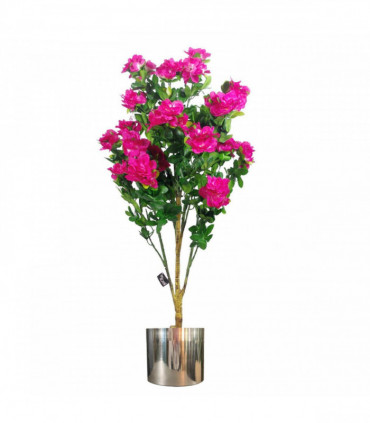 100cm Premium Artificial Azalea Pink Flowers Potted Plant with Silver Metal Planter