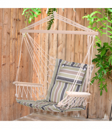 100x106cm Hanging Hammock Chair Thick Rope Frame Pillow Wooden Arms Stripes