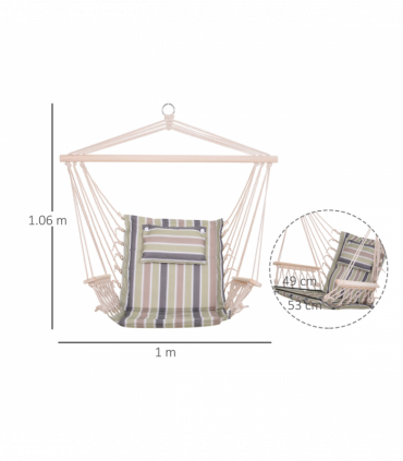 100x106cm Hanging Hammock Chair Thick Rope Frame Pillow Wooden Arms Stripes