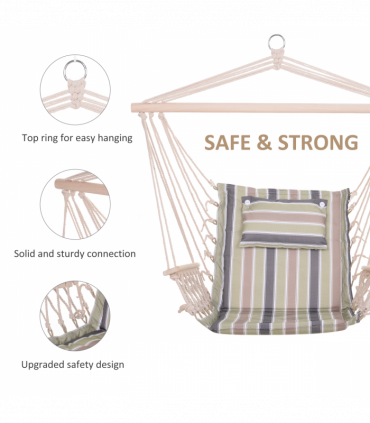 100x106cm Hanging Hammock Chair Thick Rope Frame Pillow Wooden Arms Stripes