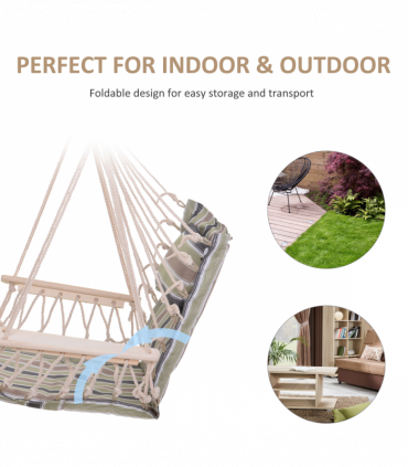 100x106cm Hanging Hammock Chair Thick Rope Frame Pillow Wooden Arms Stripes