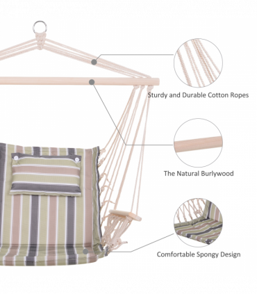 100x106cm Hanging Hammock Chair Thick Rope Frame Pillow Wooden Arms Stripes