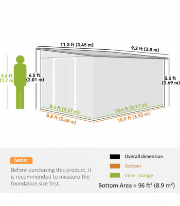 11.3 x 9.2ft Steel Garden Shed Metal Tool House Double Doors & 2 Air Vents, Grey