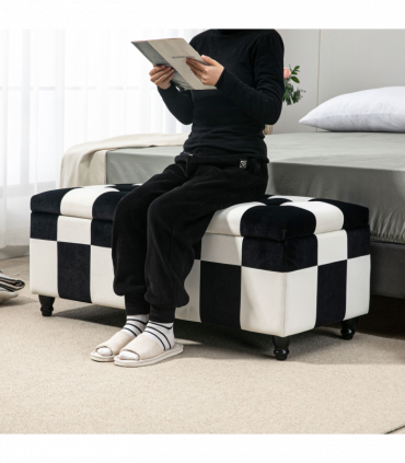 Velvet Storage Ottoman White, Black 114W x 47D x 47H cm Padded Top Wood Legs
