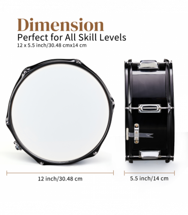 12 x 5.5 inches Professional Marching Snare Drum & Drum Stick & Strap & Wrench Kit Black