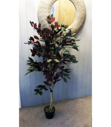 120cm (4ft) Artificial Dark Red Green Ficus Plant - Gold Planter
