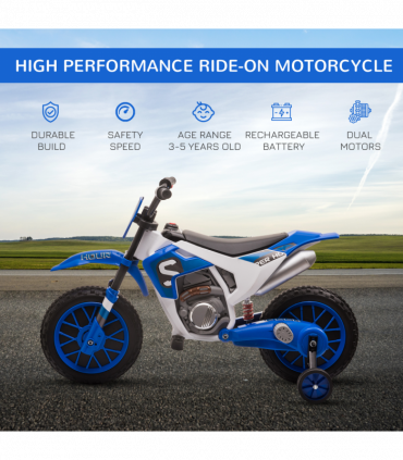 Kids Electric Motorbike Ride-On Motorcycle Training Wheels - Blue 12V 3-5 Years