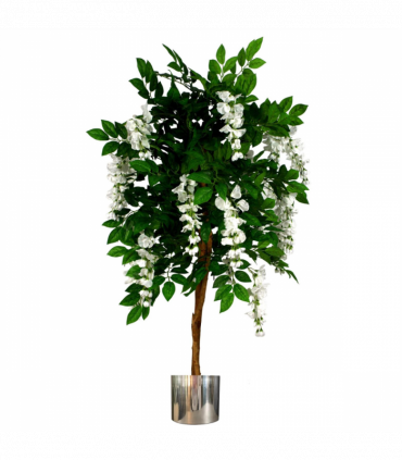 130cm Luxury Artificial Wisteria Tree White Flowers - Premium Range Silver Metal Planter
