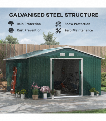 13ft x 11ft Outdoor Roofed Metal Storage Shed Foundation Vent & Doors Green