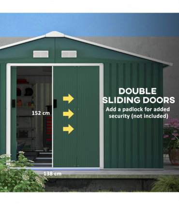 13ft x 11ft Outdoor Roofed Metal Storage Shed Foundation Vent & Doors Green