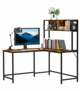 149x140x125cm Industrial L-Shaped Desk w Shelf - Brown & Black