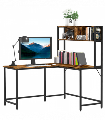 149x140x125cm Industrial L-Shaped Desk w Shelf - Brown & Black