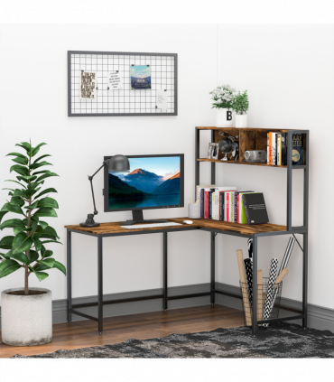 149x140x125cm Industrial L-Shaped Desk w Shelf - Brown & Black