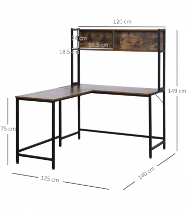 149x140x125cm Industrial L-Shaped Desk w Shelf - Brown & Black