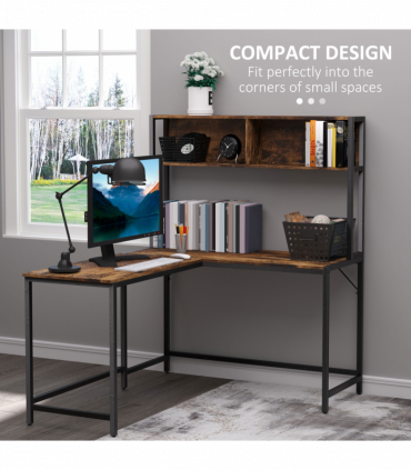149x140x125cm Industrial L-Shaped Desk w Shelf - Brown & Black