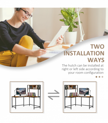 149x140x125cm Industrial L-Shaped Desk w Shelf - Brown & Black