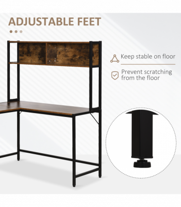 149x140x125cm Industrial L-Shaped Desk w Shelf - Brown & Black