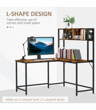 149x140x125cm Industrial L-Shaped Desk w Shelf - Brown & Black
