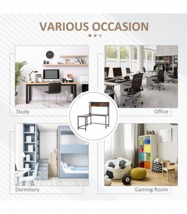 149x140x125cm Industrial L-Shaped Desk w Shelf - Brown & Black