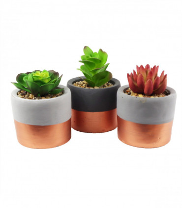 Stoneware Mini Copper Band Planters Set of Three Artificial Succulent Plants