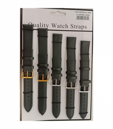 1555.05BK 20MM 2X Extra Long Black Leather Watch Straps Pack of 5