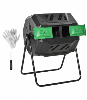 160L Outdoor Tumbling Compost Bin w/ Dual Chamber, Sliding Doors, Black