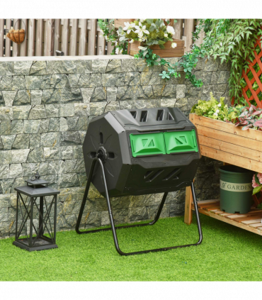 160L Outdoor Tumbling Compost Bin w/ Dual Chamber, Sliding Doors, Black
