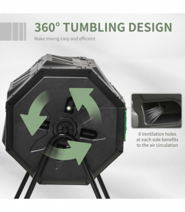 160L Outdoor Tumbling Compost Bin w/ Dual Chamber, Sliding Doors, Black